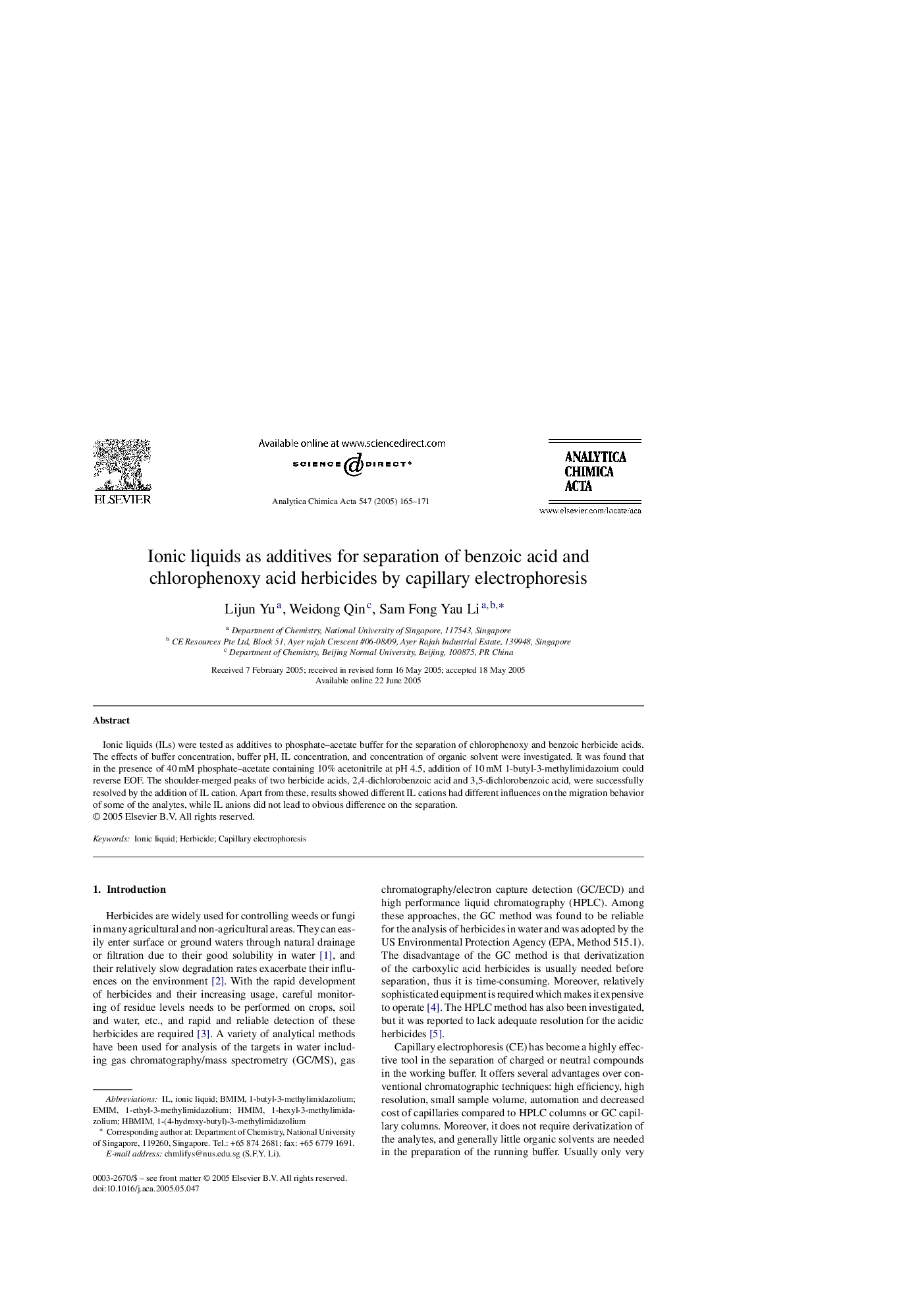 عکس صفحه اول مقاله: Ionic liquids as additives for separation of benzoic acid and chlorophenoxy acid herbicides by capillary electrophoresis Ionic liquids as additives for separation of benzoic acid and chlorophenoxy acid herbicides by capillary electrophoresis