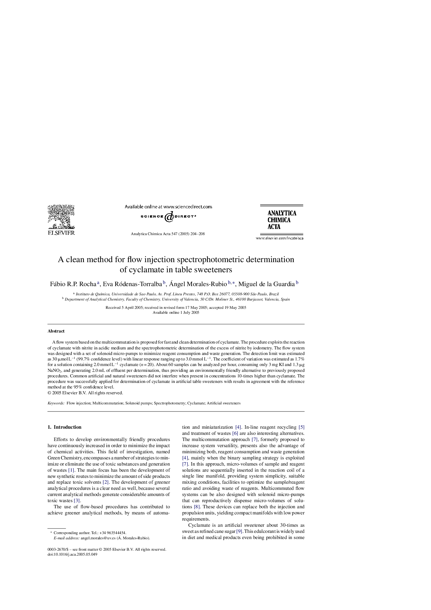 A clean method for flow injection spectrophotometric determination of cyclamate in table sweeteners