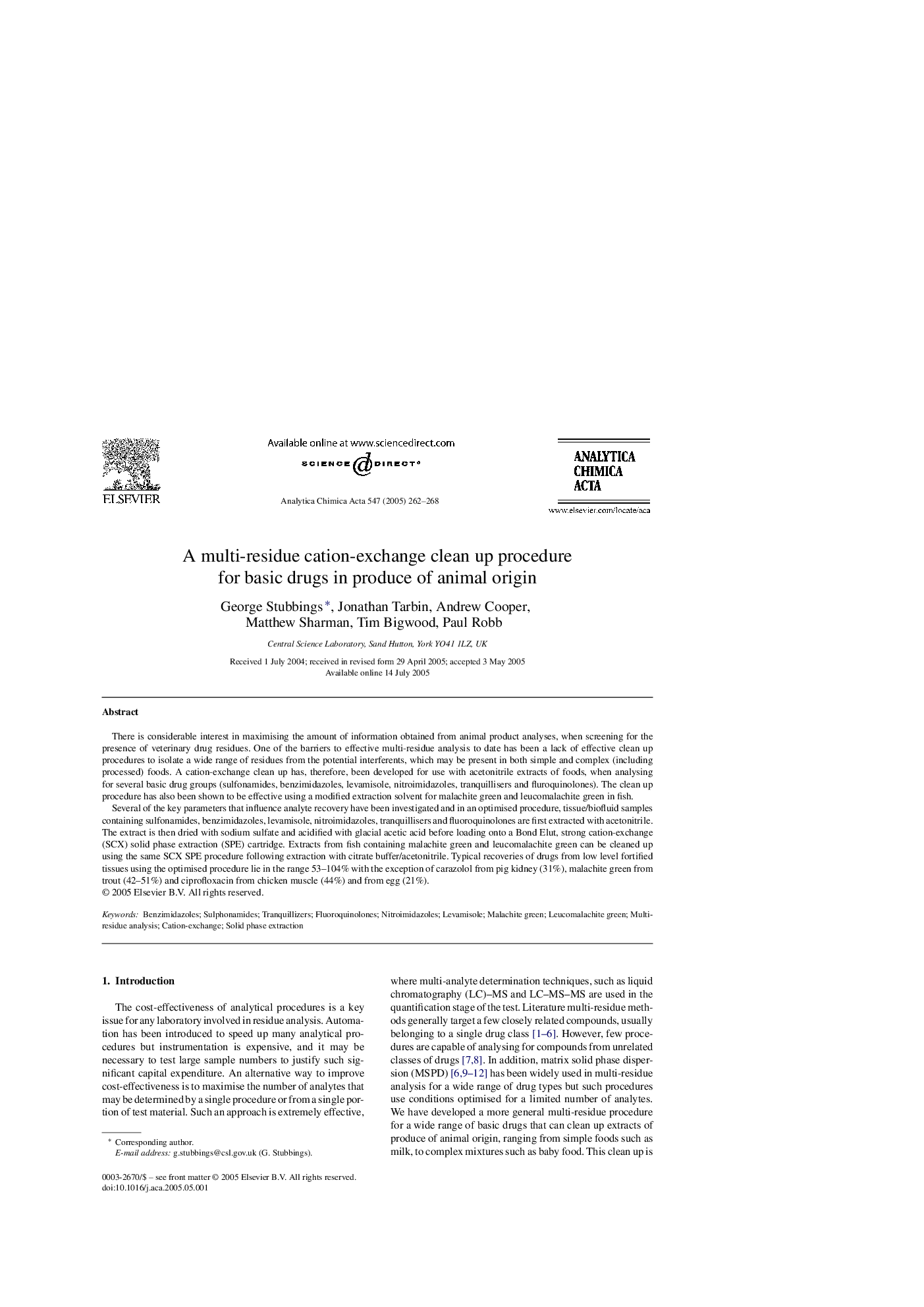 A multi-residue cation-exchange clean up procedure for basic drugs in produce of animal origin