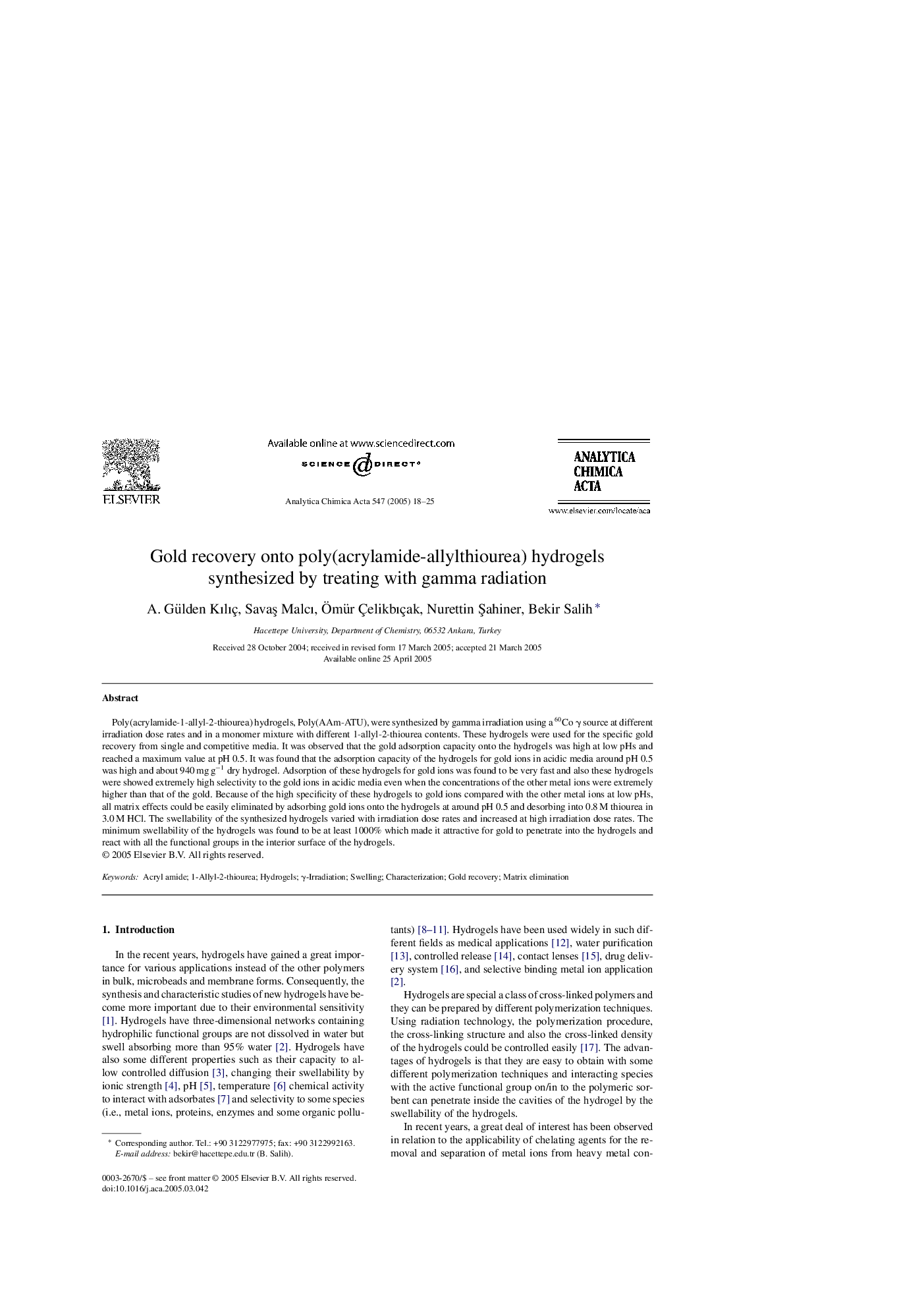 Gold recovery onto poly(acrylamide-allylthiourea) hydrogels synthesized by treating with gamma radiation