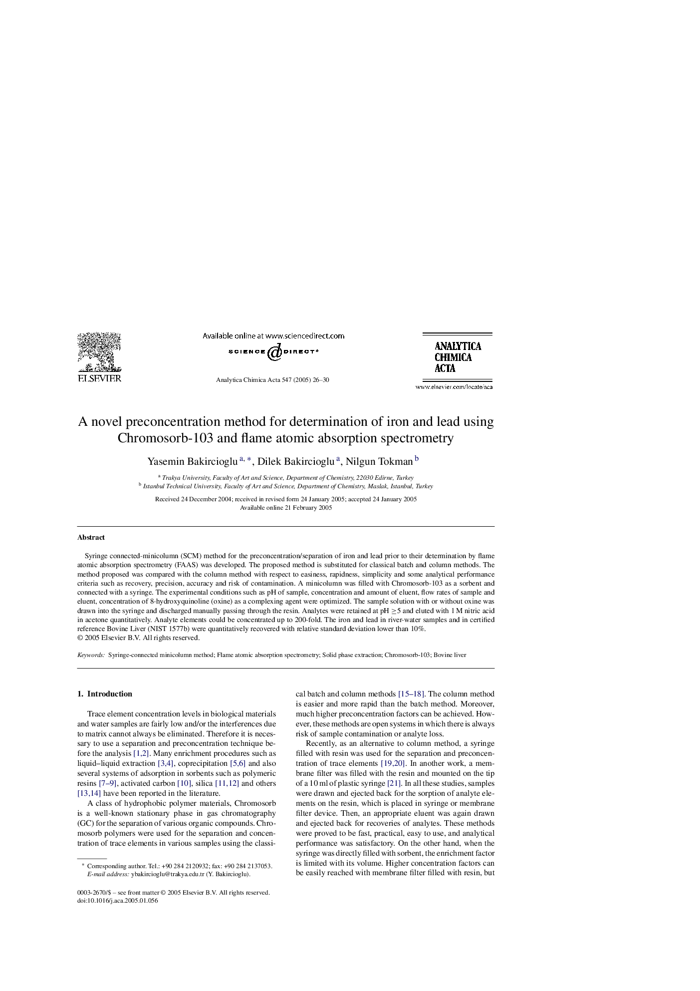 A novel preconcentration method for determination of iron and lead using Chromosorb-103 and flame atomic absorption spectrometry