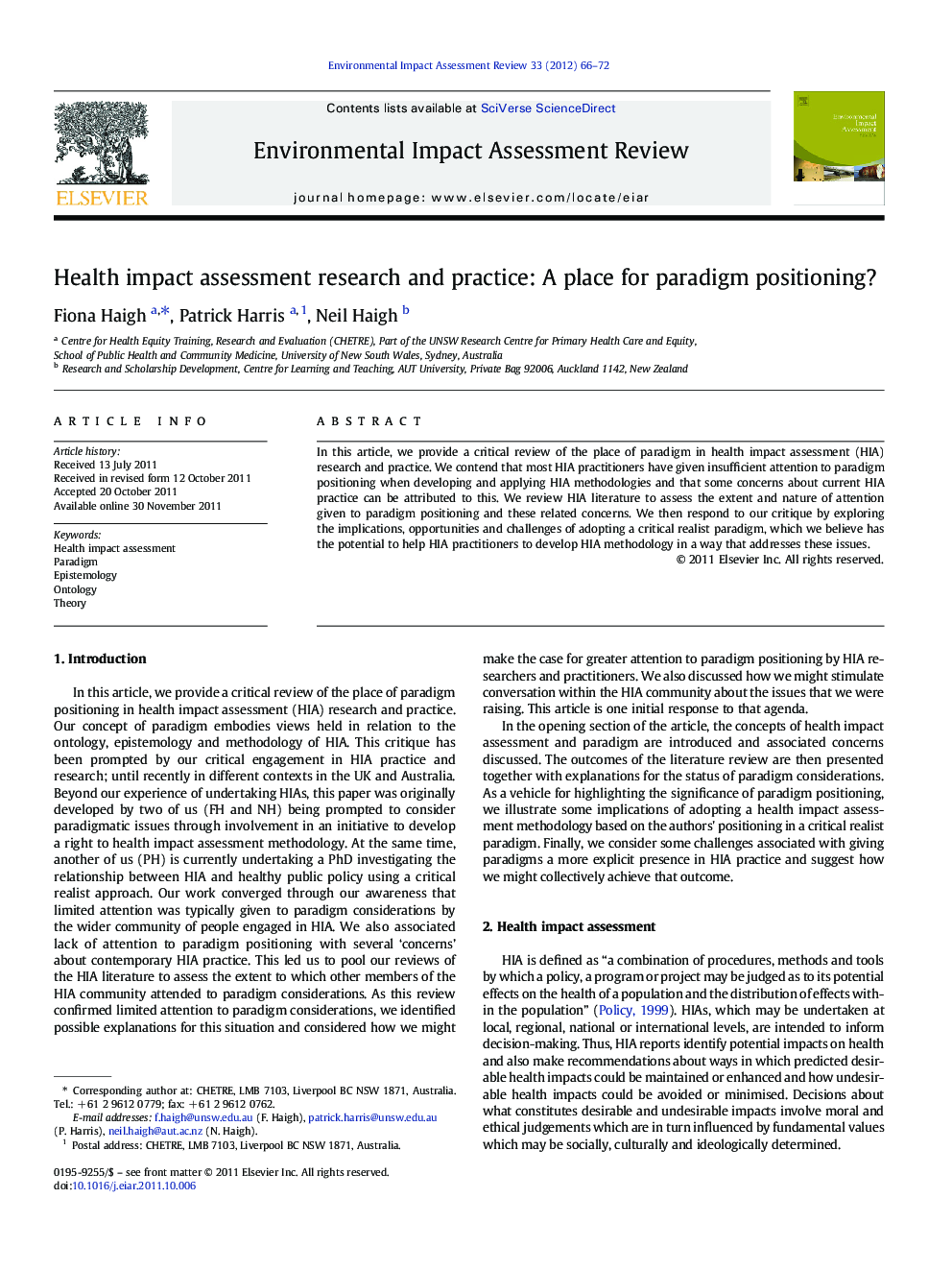 Health impact assessment research and practice: A place for paradigm positioning?