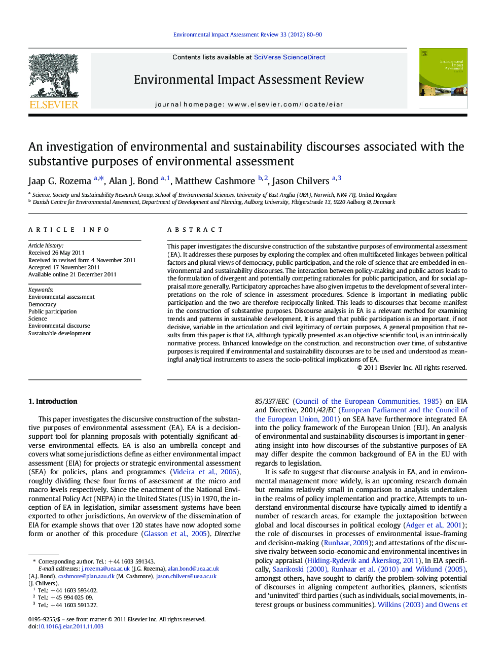 An investigation of environmental and sustainability discourses associated with the substantive purposes of environmental assessment