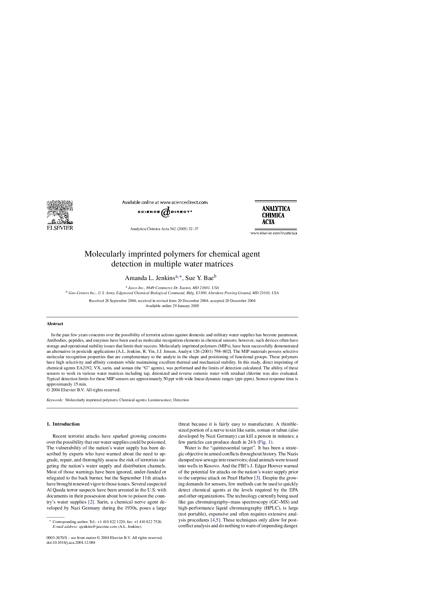 Molecularly imprinted polymers for chemical agent detection in multiple water matrices