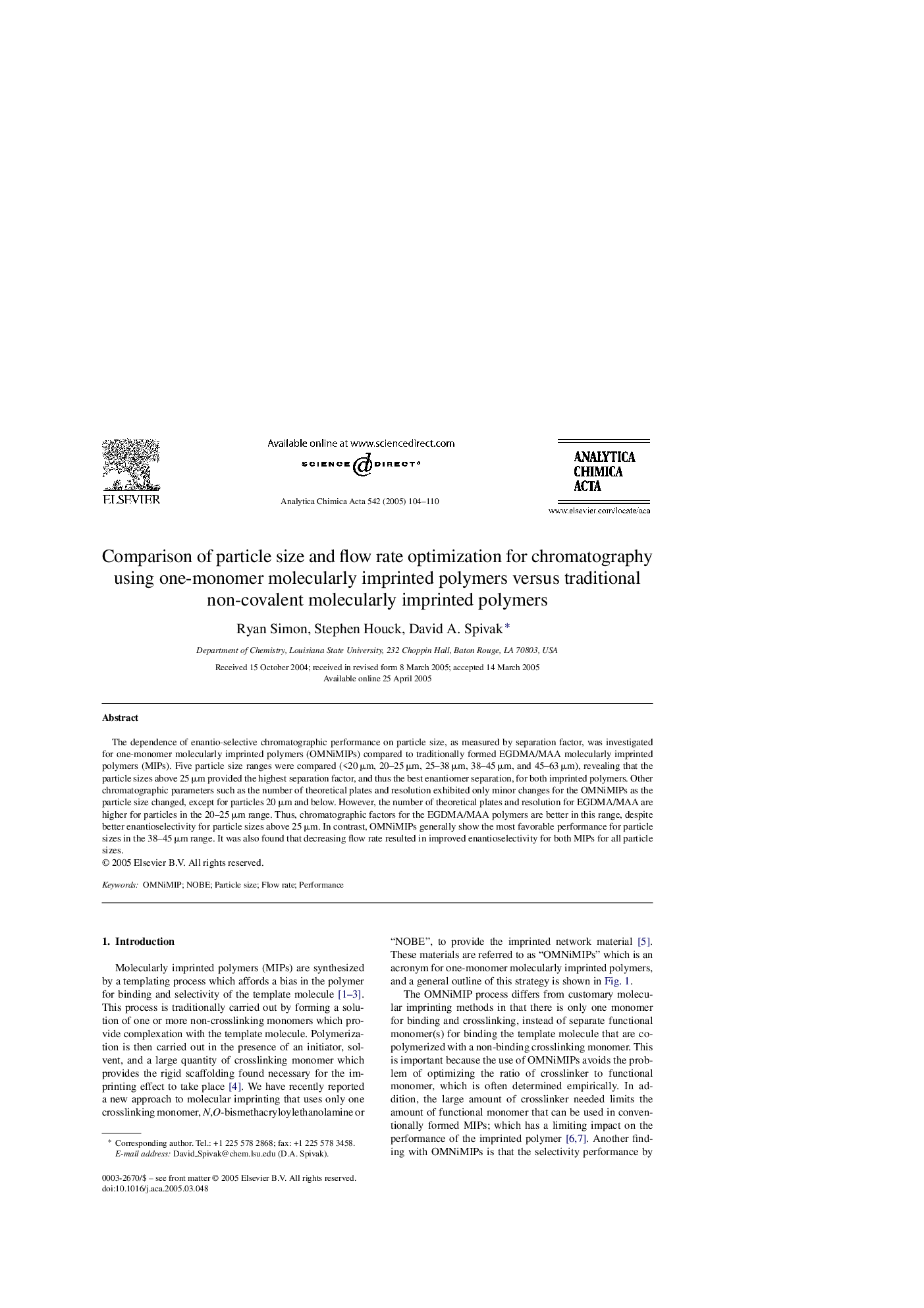 Comparison of particle size and flow rate optimization for chromatography using one-monomer molecularly imprinted polymers versus traditional non-covalent molecularly imprinted polymers