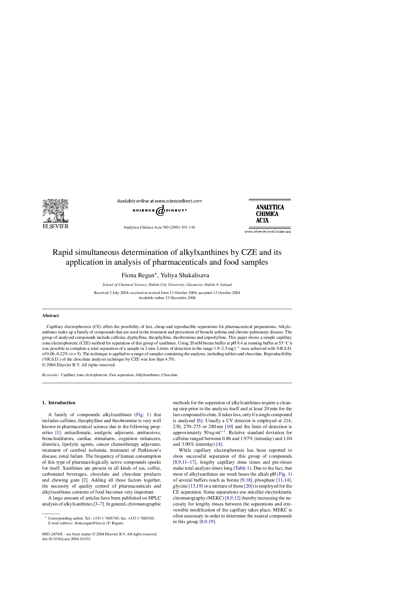 Rapid simultaneous determination of alkylxanthines by CZE and its application in analysis of pharmaceuticals and food samples