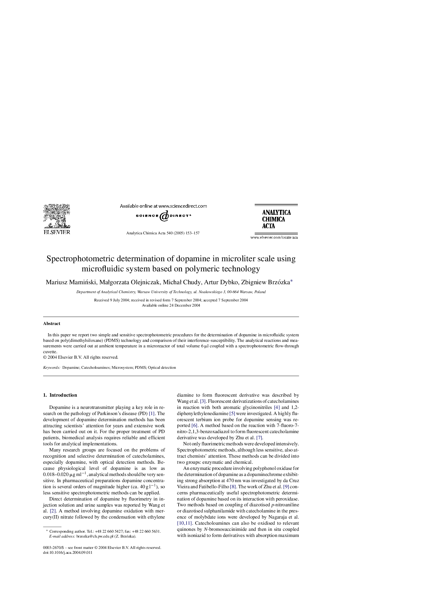 Spectrophotometric determination of dopamine in microliter scale using microfluidic system based on polymeric technology