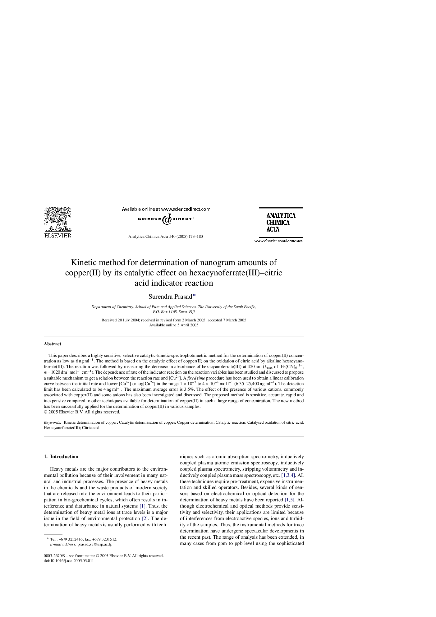 Kinetic method for determination of nanogram amounts of copper(II) by its catalytic effect on hexacynoferrate(III)-citric acid indicator reaction