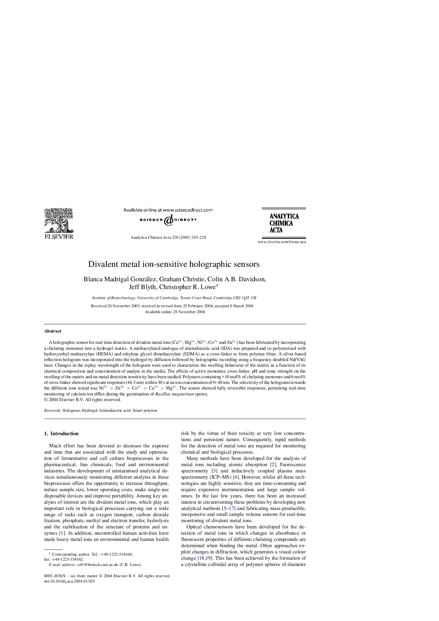 Divalent metal ion-sensitive holographic sensors