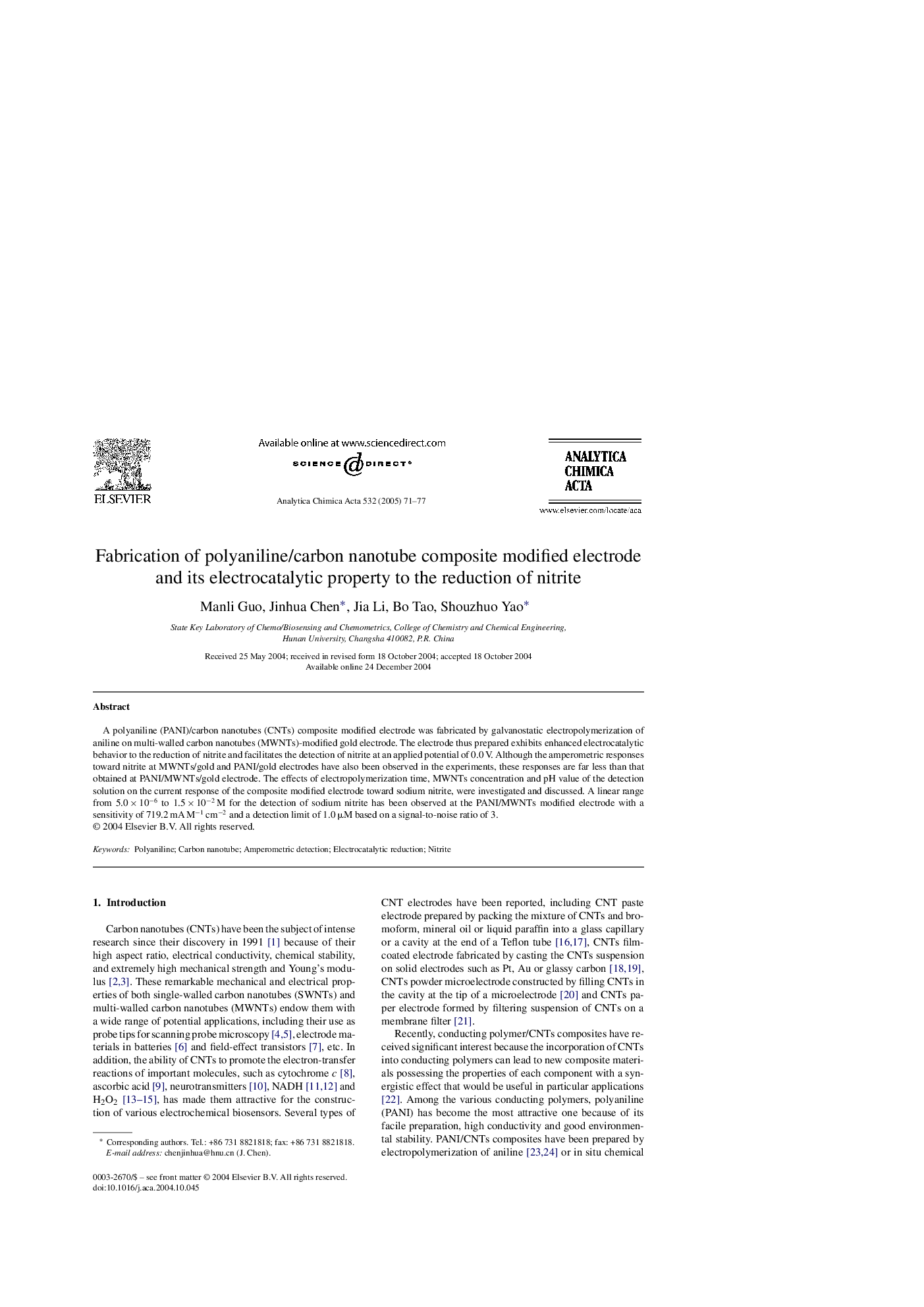 Fabrication of polyaniline/carbon nanotube composite modified electrode and its electrocatalytic property to the reduction of nitrite