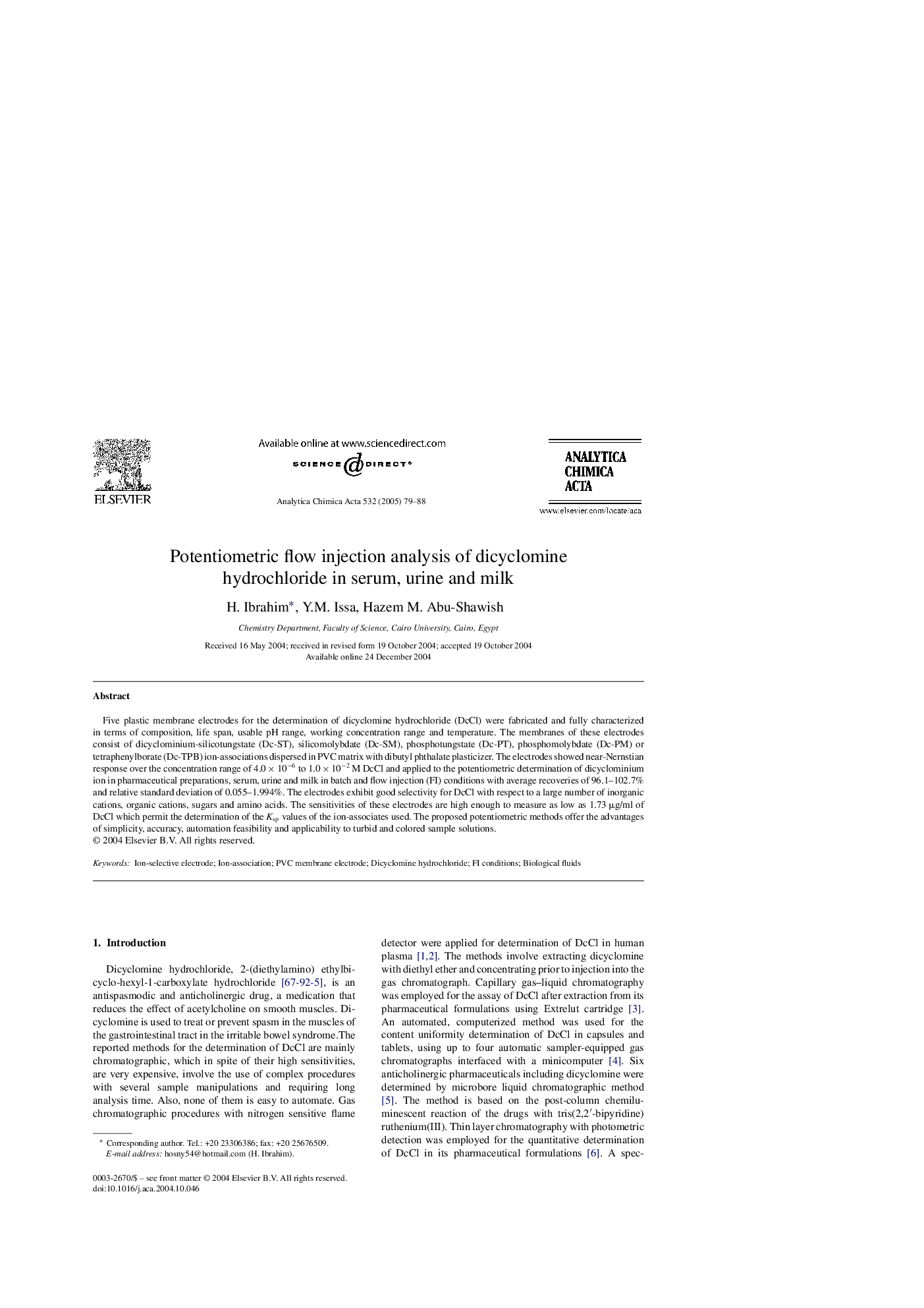 Potentiometric flow injection analysis of dicyclomine hydrochloride in serum, urine and milk