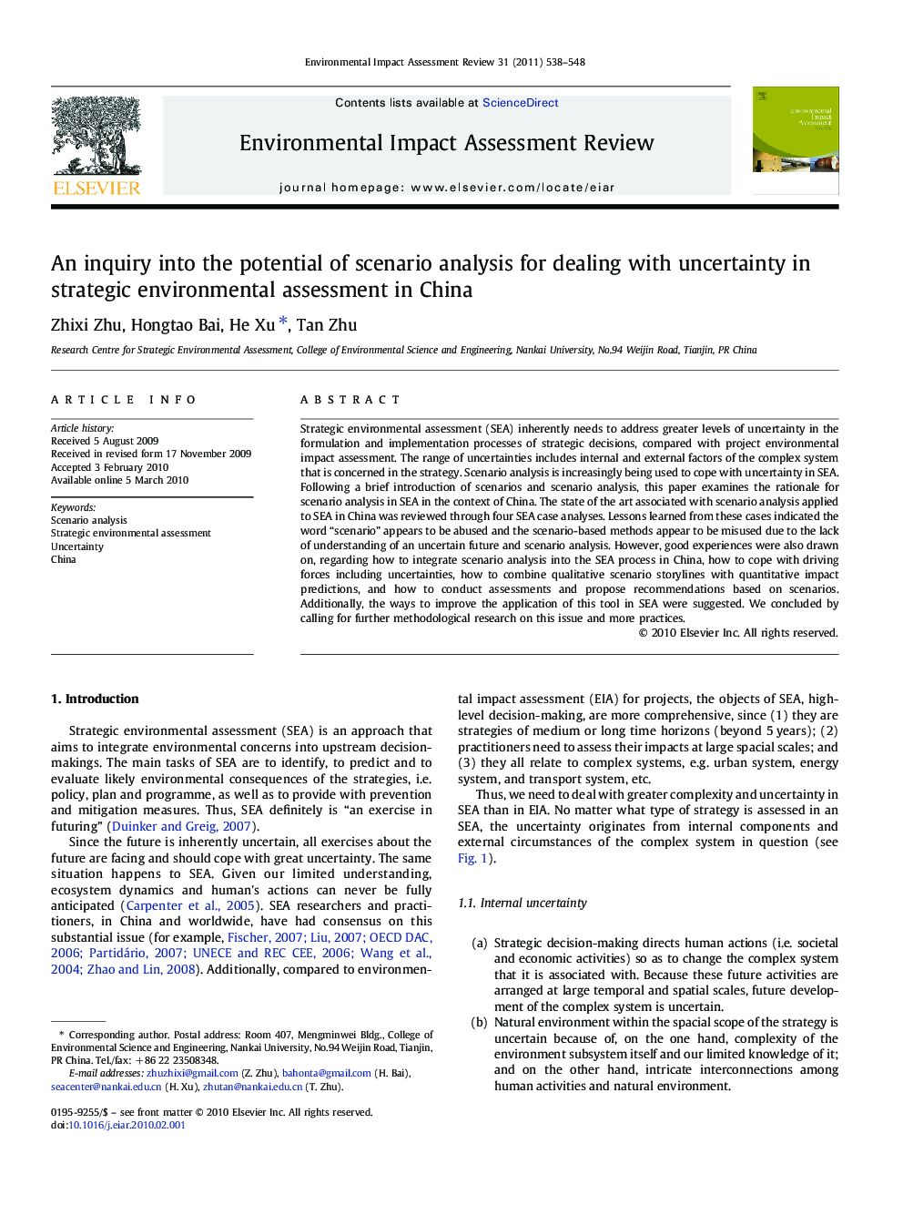 An inquiry into the potential of scenario analysis for dealing with uncertainty in strategic environmental assessment in China