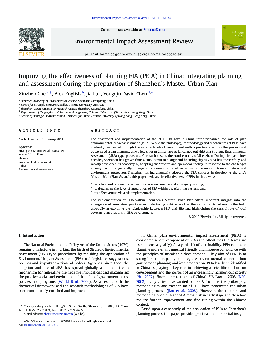Improving the effectiveness of planning EIA (PEIA) in China: Integrating planning and assessment during the preparation of Shenzhen's Master Urban Plan