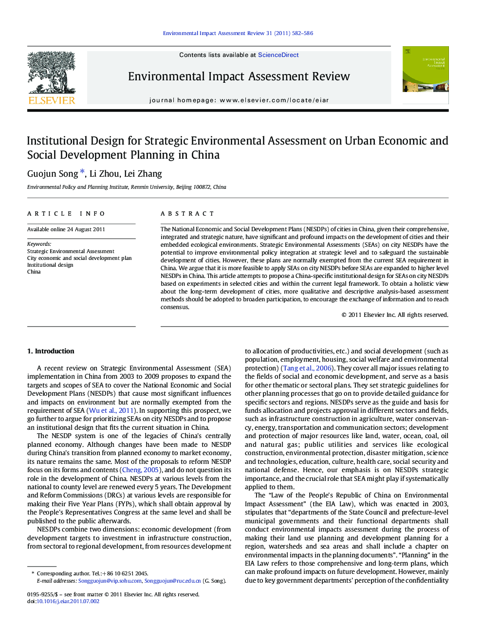 Institutional Design for Strategic Environmental Assessment on Urban Economic and Social Development Planning in China