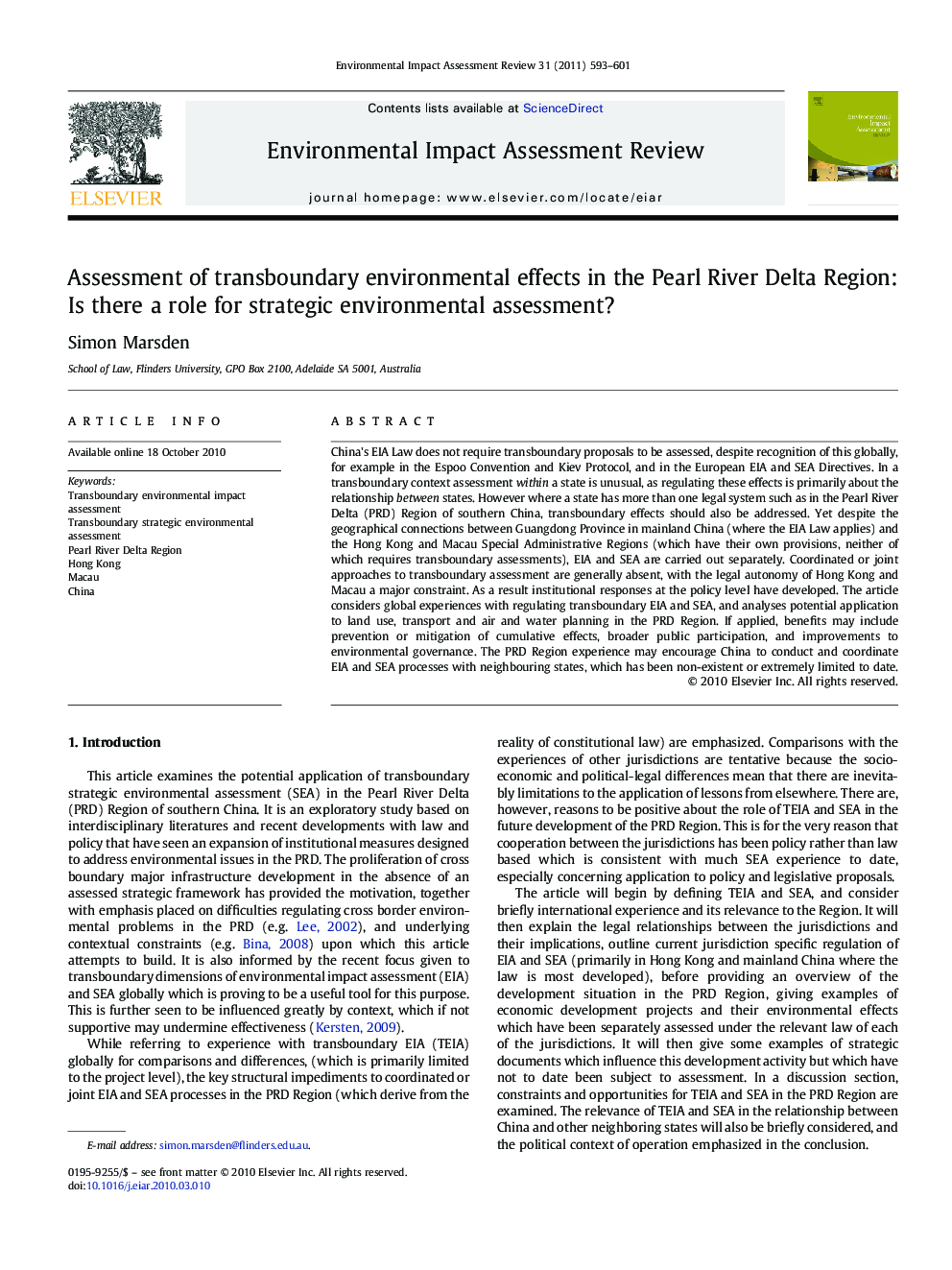 Assessment of transboundary environmental effects in the Pearl River Delta Region: Is there a role for strategic environmental assessment?