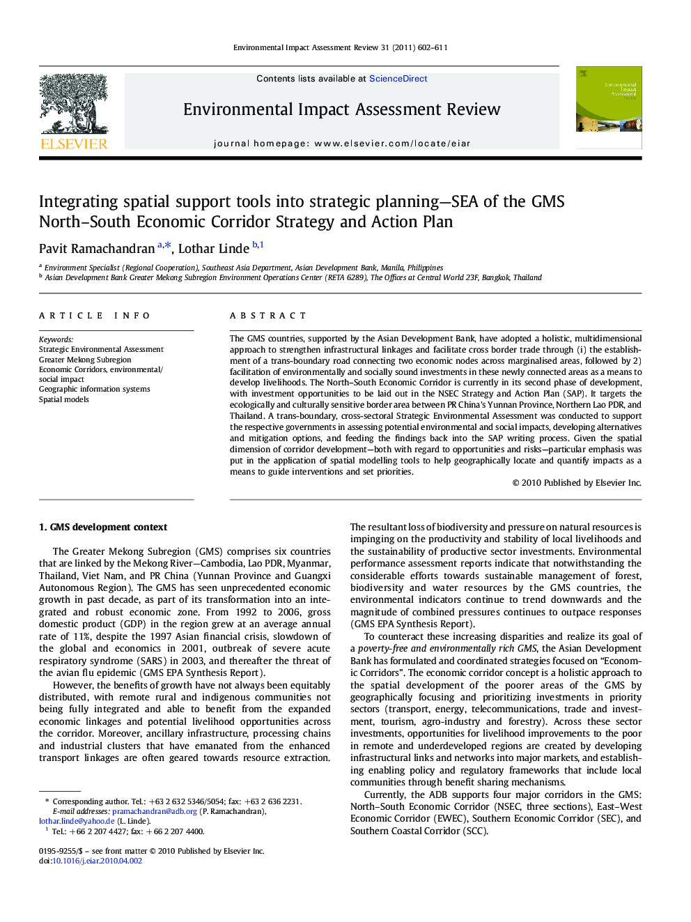 Integrating spatial support tools into strategic planning—SEA of the GMS North–South Economic Corridor Strategy and Action Plan