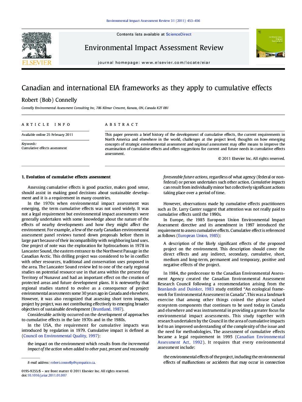 Canadian and international EIA frameworks as they apply to cumulative effects