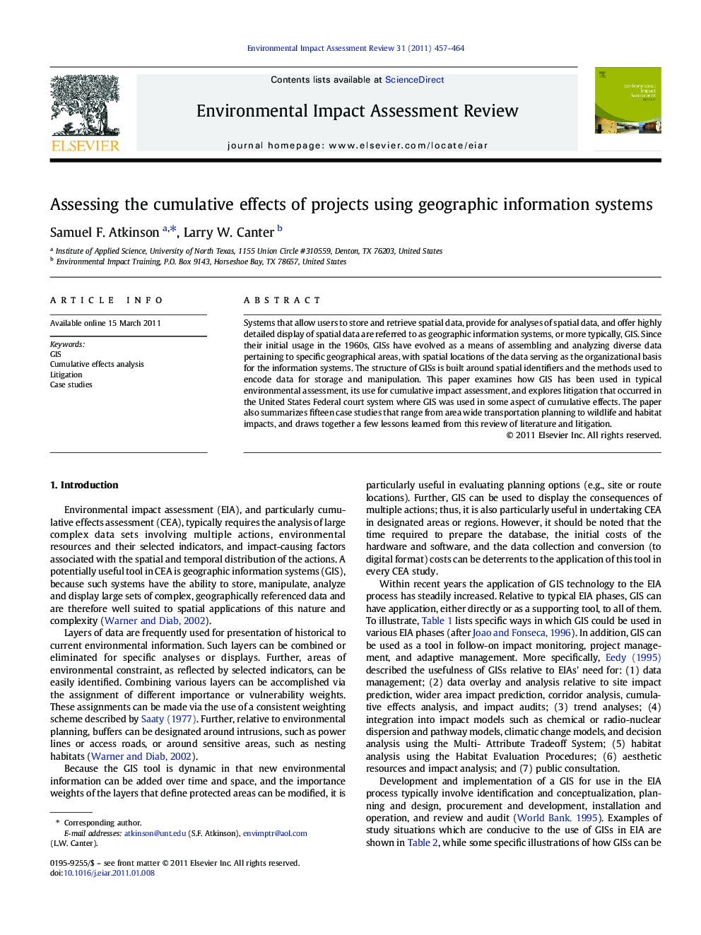 Assessing the cumulative effects of projects using geographic information systems