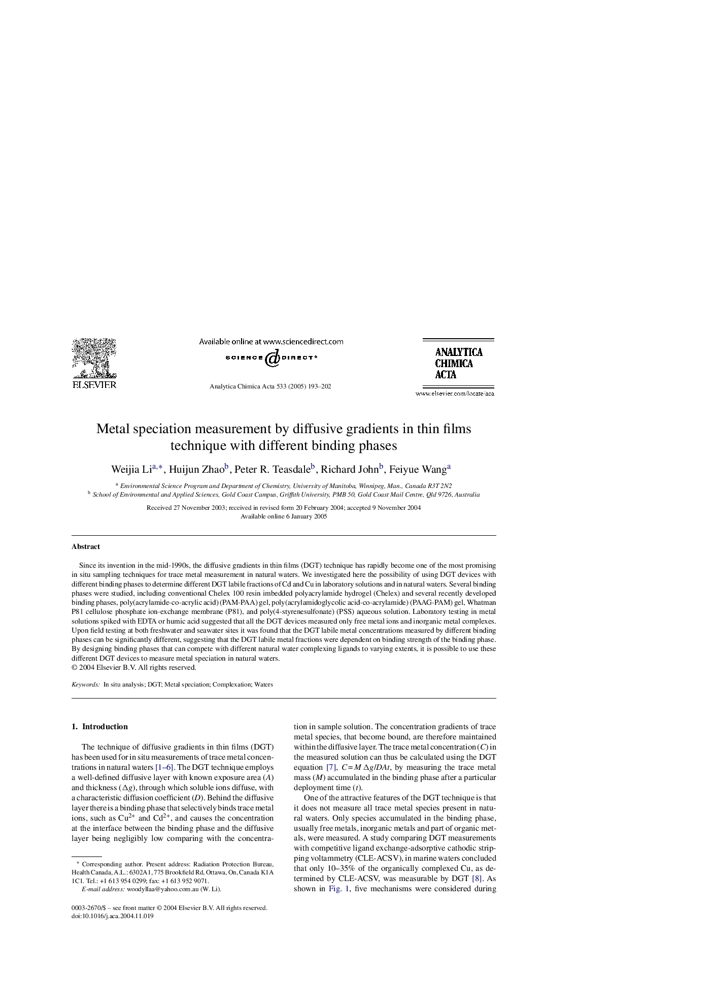 Metal speciation measurement by diffusive gradients in thin films technique with different binding phases