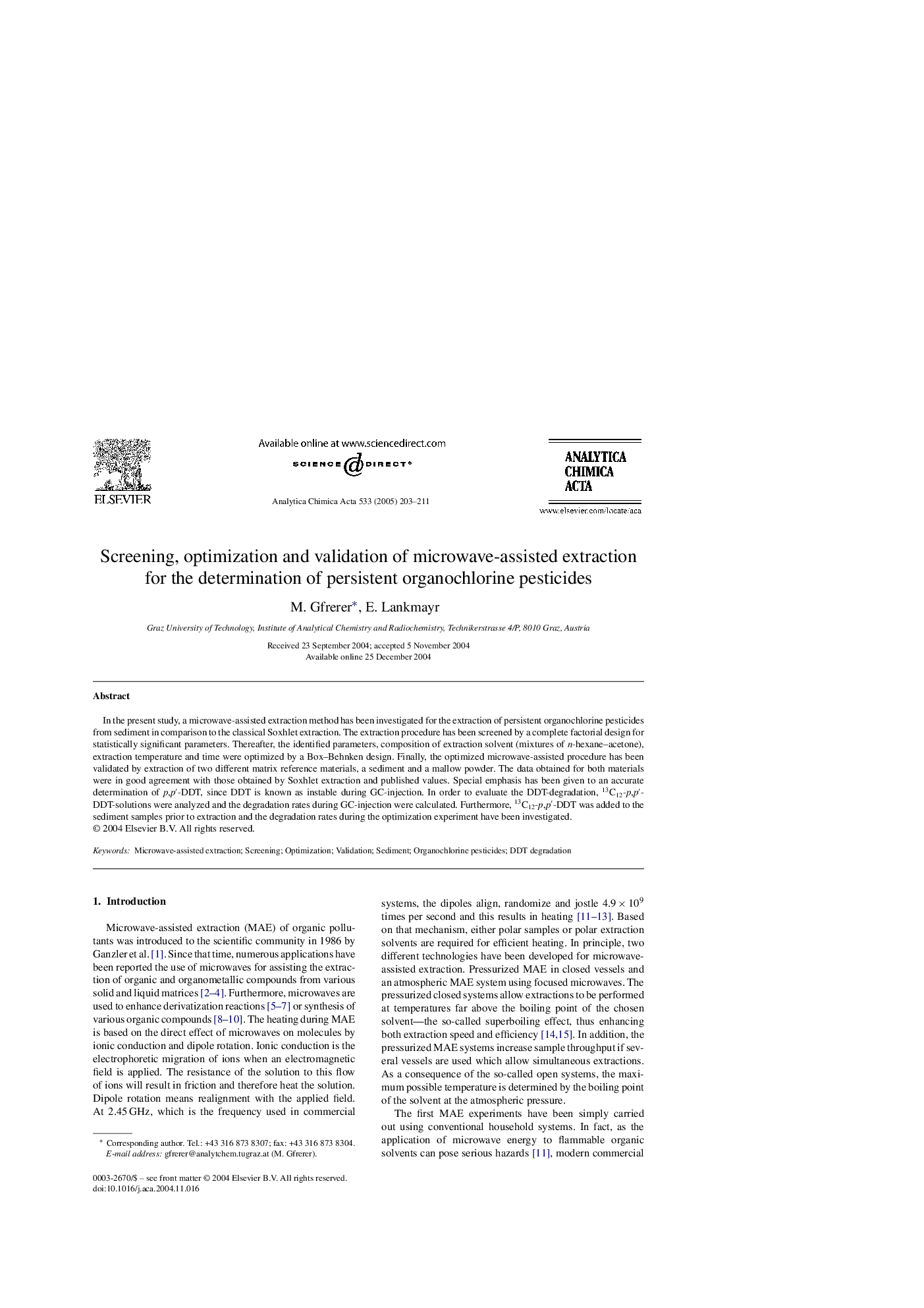 Screening, optimization and validation of microwave-assisted extraction for the determination of persistent organochlorine pesticides