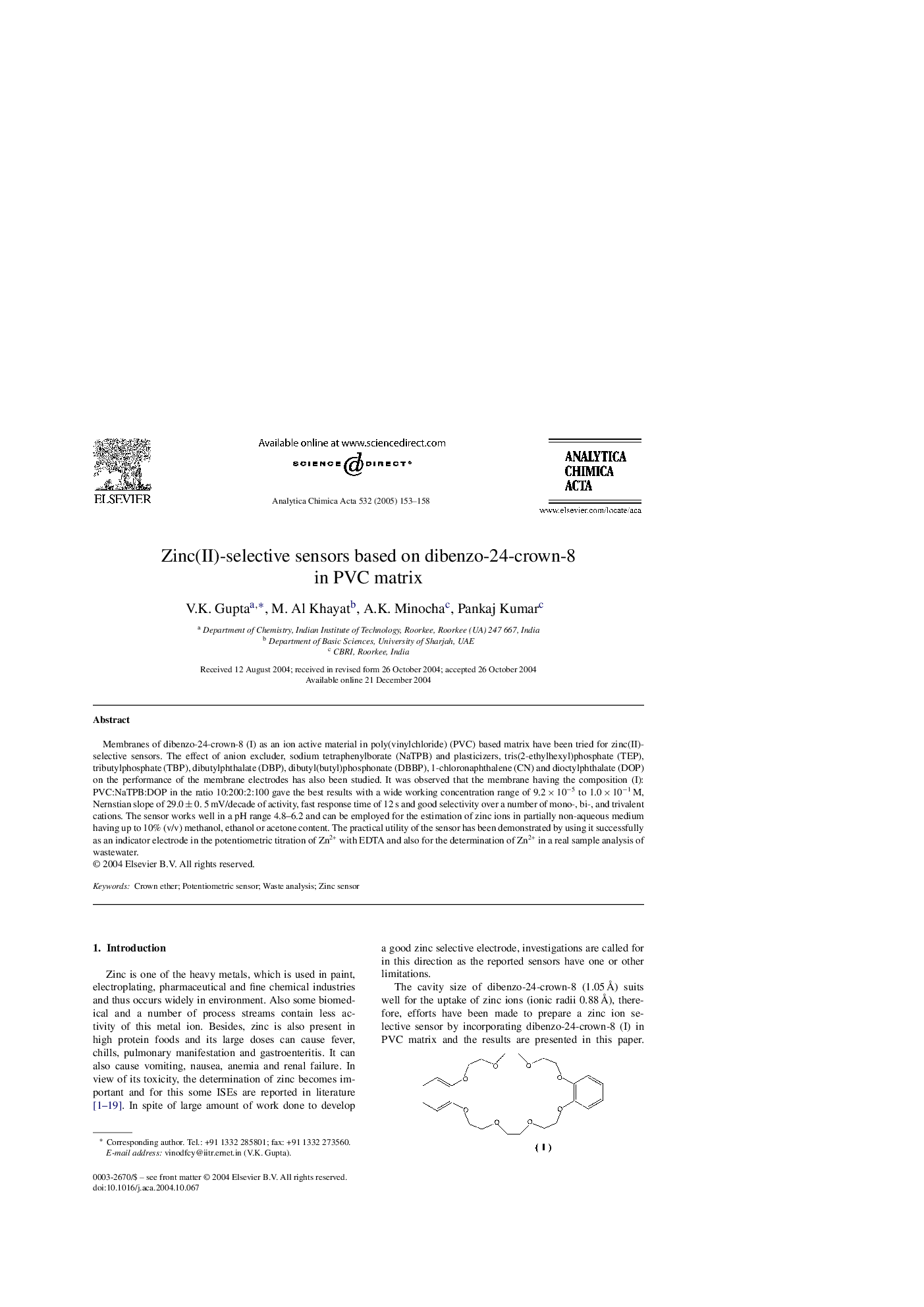 Zinc(II)-selective sensors based on dibenzo-24-crown-8 in PVC matrix