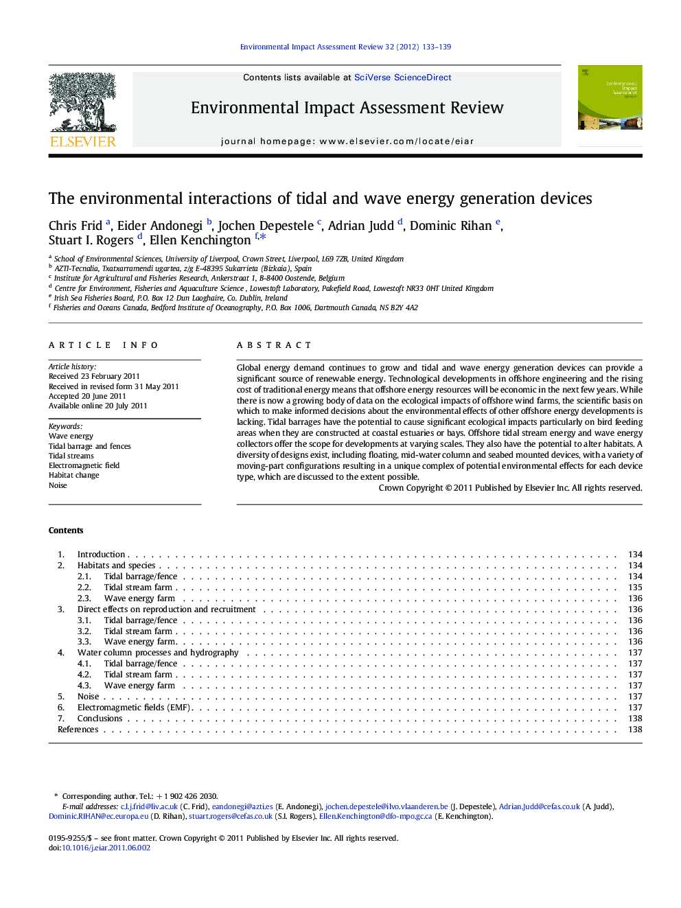The environmental interactions of tidal and wave energy generation devices