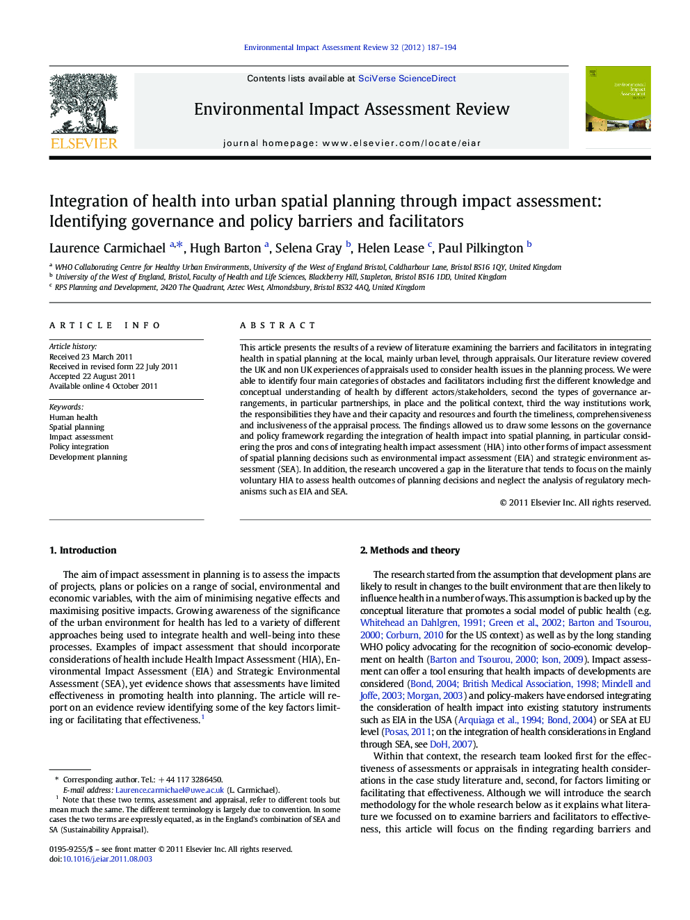 Integration of health into urban spatial planning through impact assessment: Identifying governance and policy barriers and facilitators