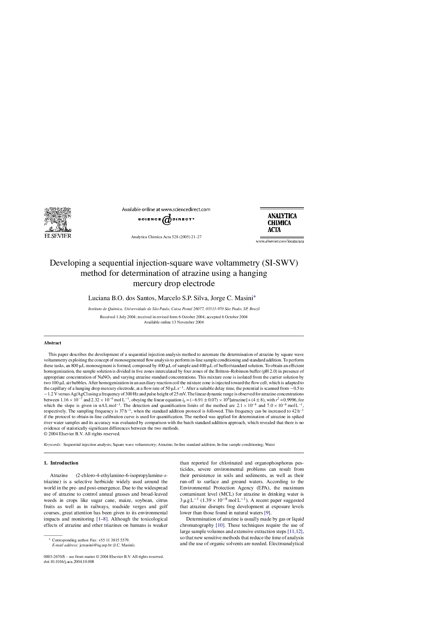 Developing a sequential injection-square wave voltammetry (SI-SWV) method for determination of atrazine using a hanging mercury drop electrode