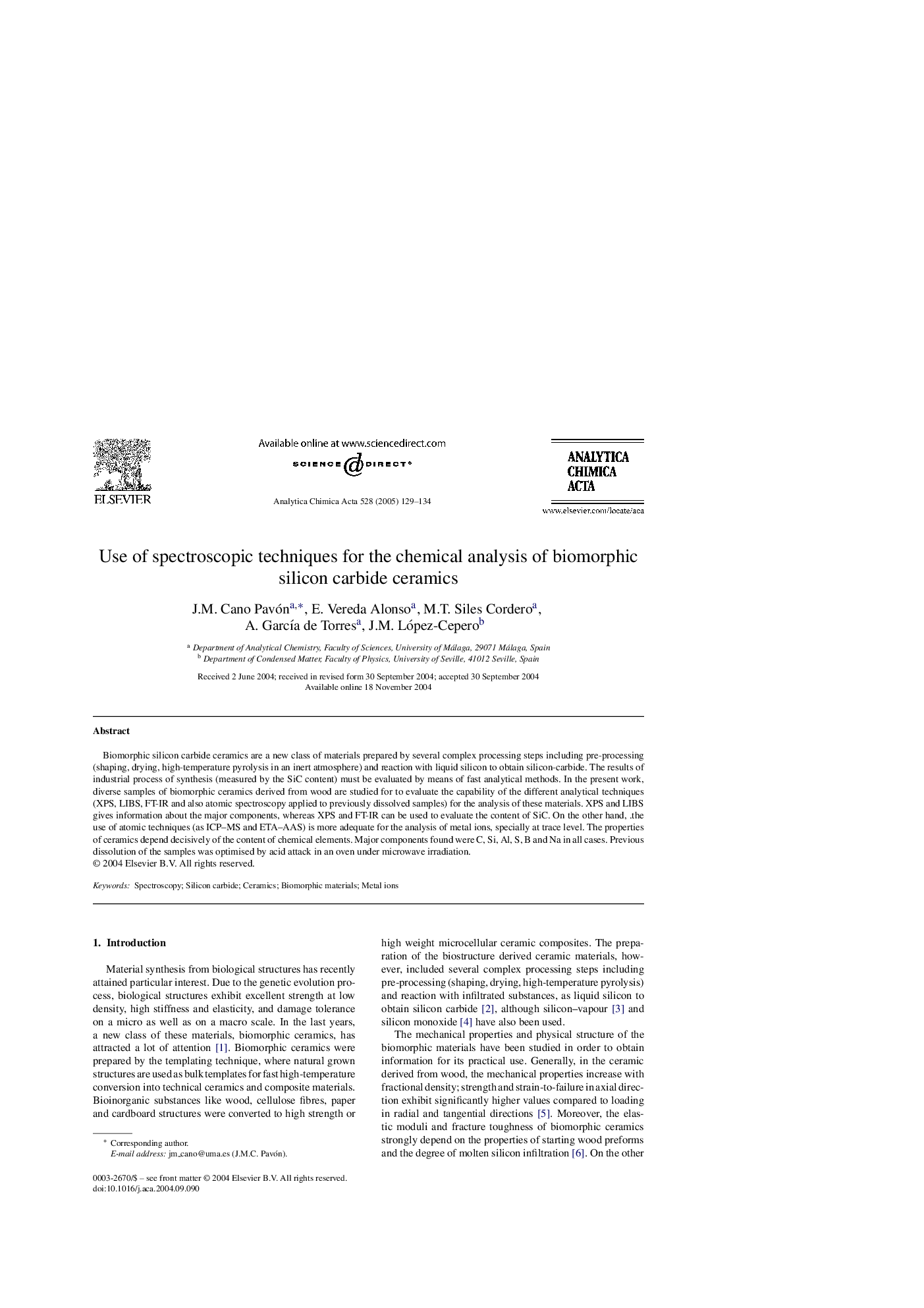 Use of spectroscopic techniques for the chemical analysis of biomorphic silicon carbide ceramics