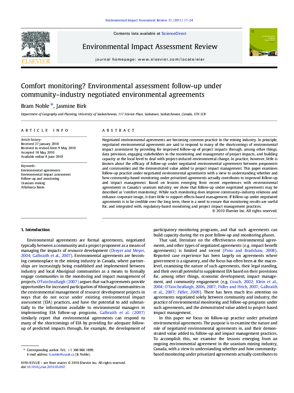 Comfort monitoring? Environmental assessment follow-up under community–industry negotiated environmental agreements