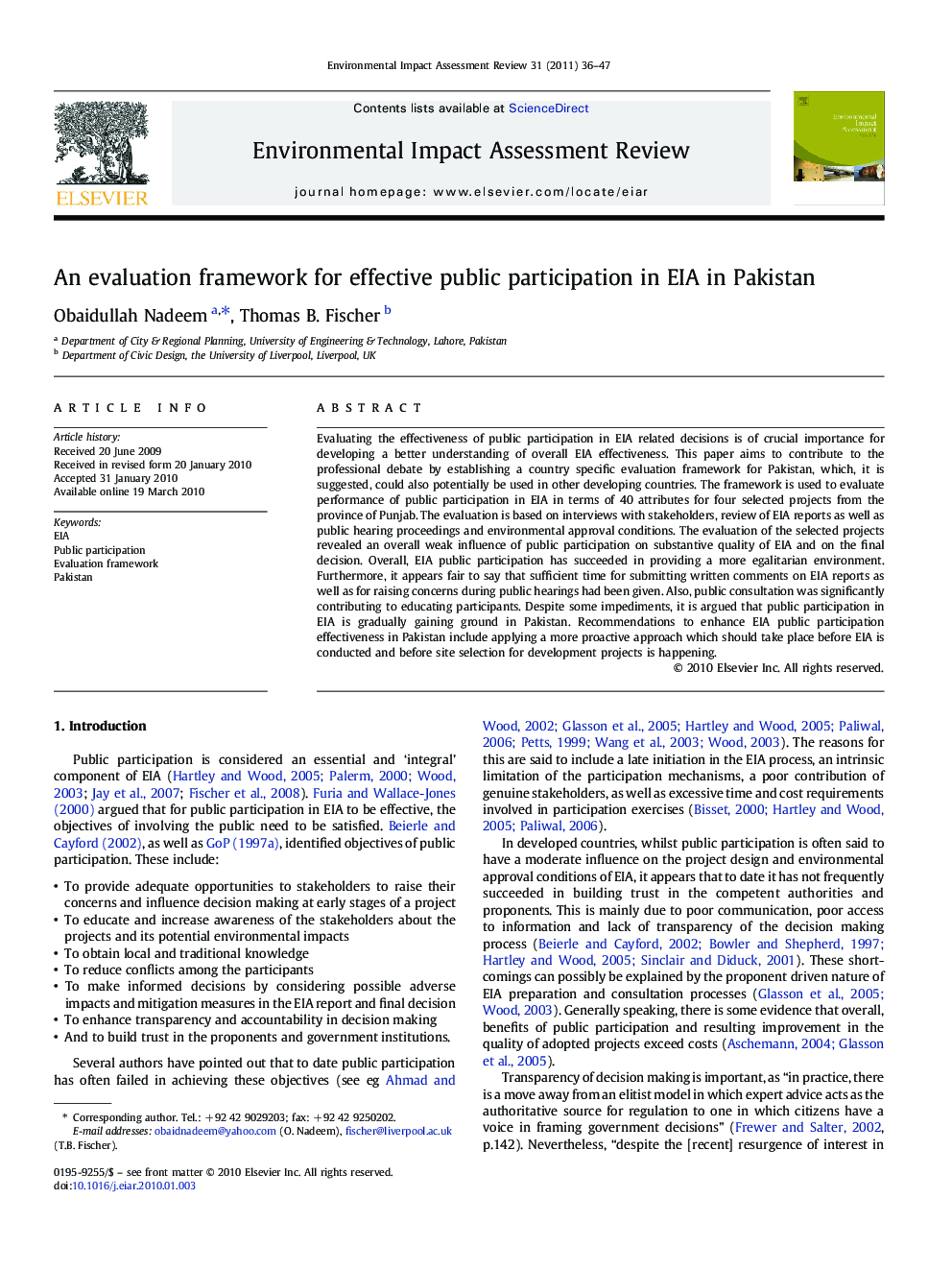 An evaluation framework for effective public participation in EIA in Pakistan