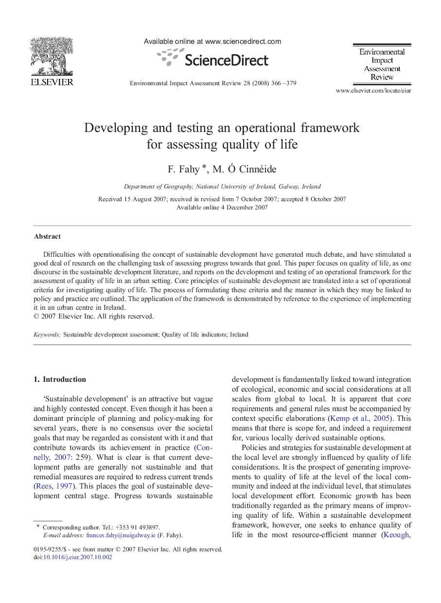 Developing and testing an operational framework for assessing quality of life