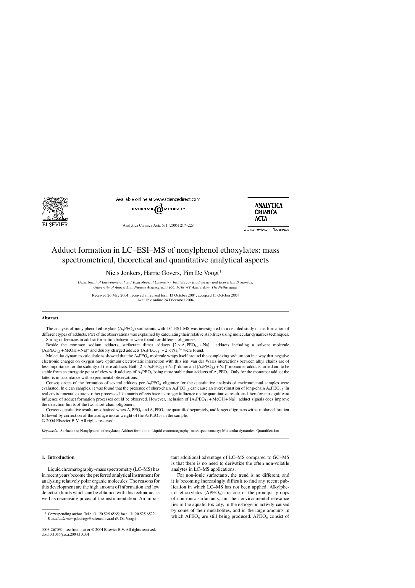 عکس صفحه اول مقاله: Adduct formation in LC-ESI-MS of nonylphenol ethoxylates: mass spectrometrical, theoretical and quantitative analytical aspects Adduct formation in LC-ESI-MS of nonylphenol ethoxylates: mass spectrometrical, theoretical and quantitative analytical aspects
