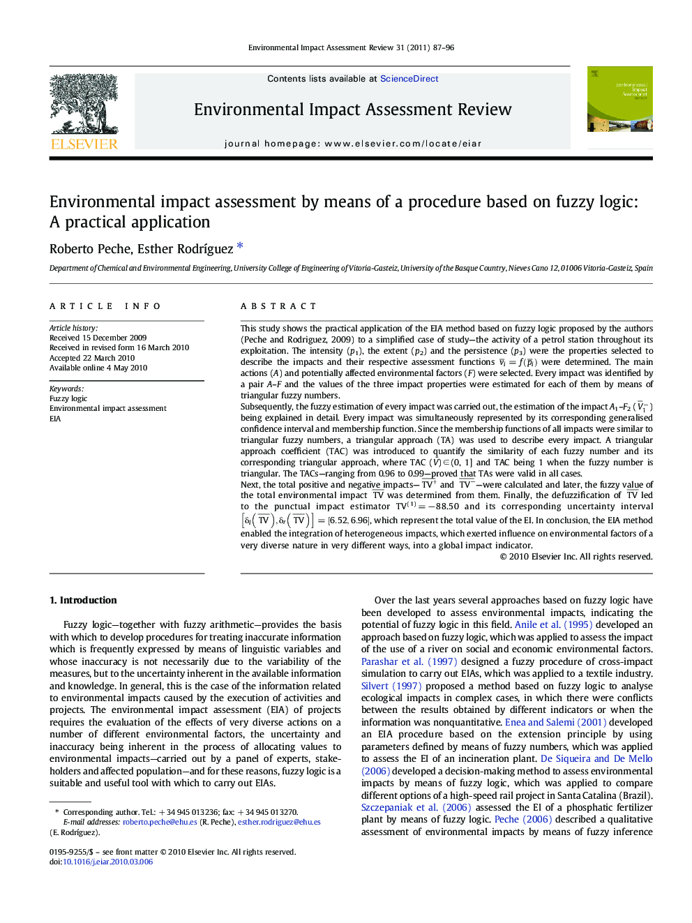 Environmental impact assessment by means of a procedure based on fuzzy logic: A practical application