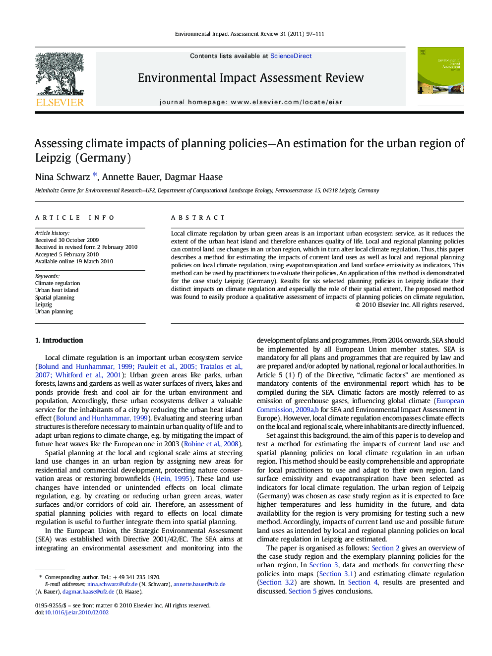 Assessing climate impacts of planning policies—An estimation for the urban region of Leipzig (Germany)