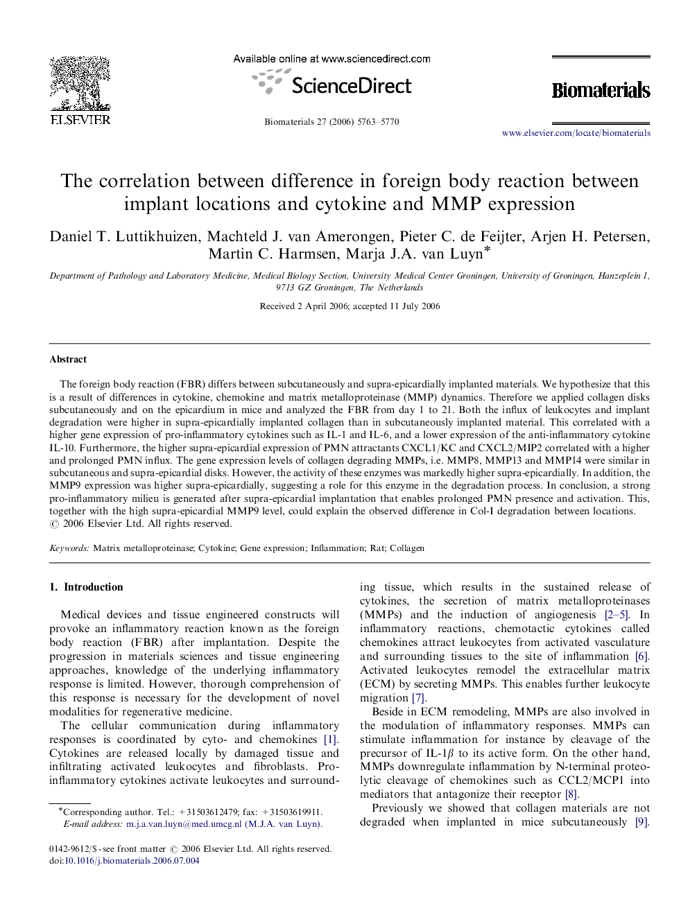 The correlation between difference in foreign body reaction between implant locations and cytokine and MMP expression