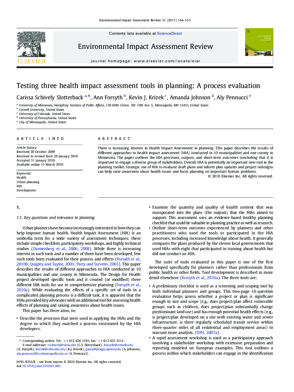 Testing three health impact assessment tools in planning: A process evaluation