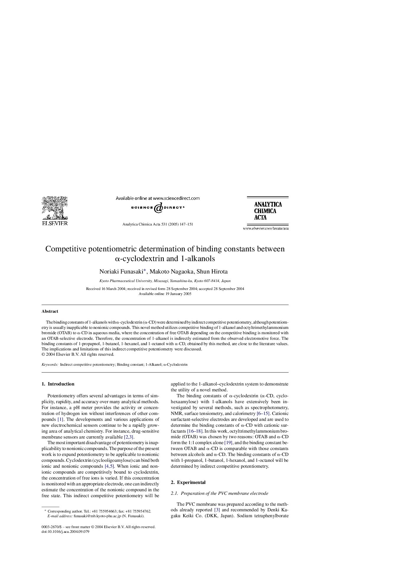 عکس صفحه اول مقاله: Competitive potentiometric determination of binding constants between α-cyclodextrin and 1-alkanols Competitive potentiometric determination of binding constants between α-cyclodextrin and 1-alkanols