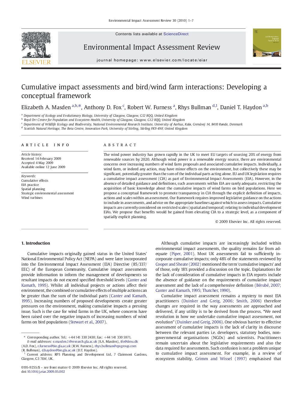 Cumulative impact assessments and bird/wind farm interactions: Developing a conceptual framework