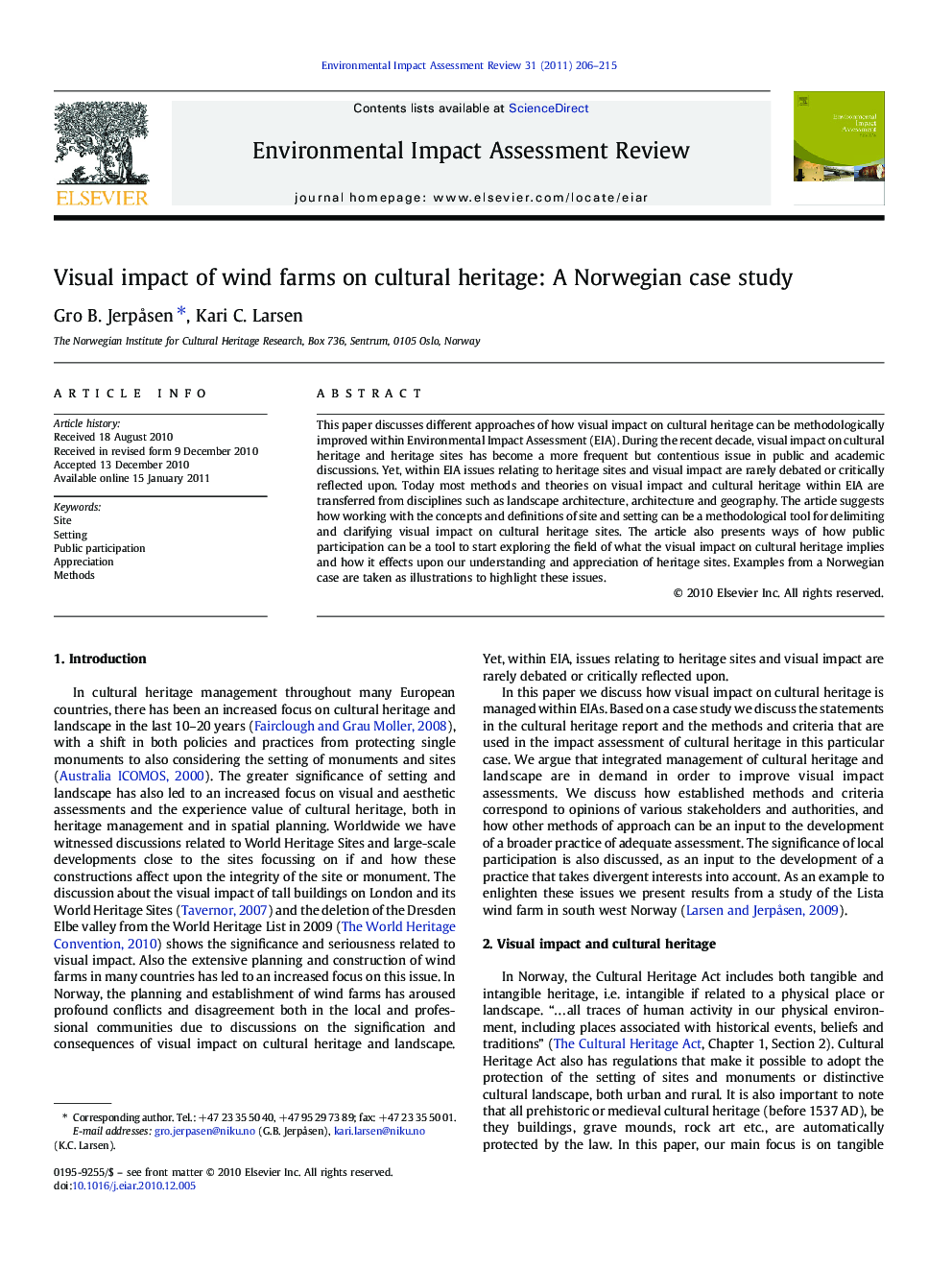 Visual impact of wind farms on cultural heritage: A Norwegian case study