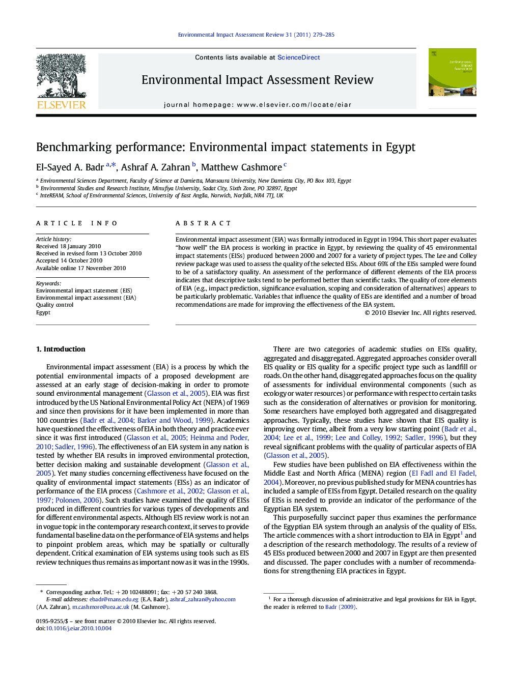 Benchmarking performance: Environmental impact statements in Egypt