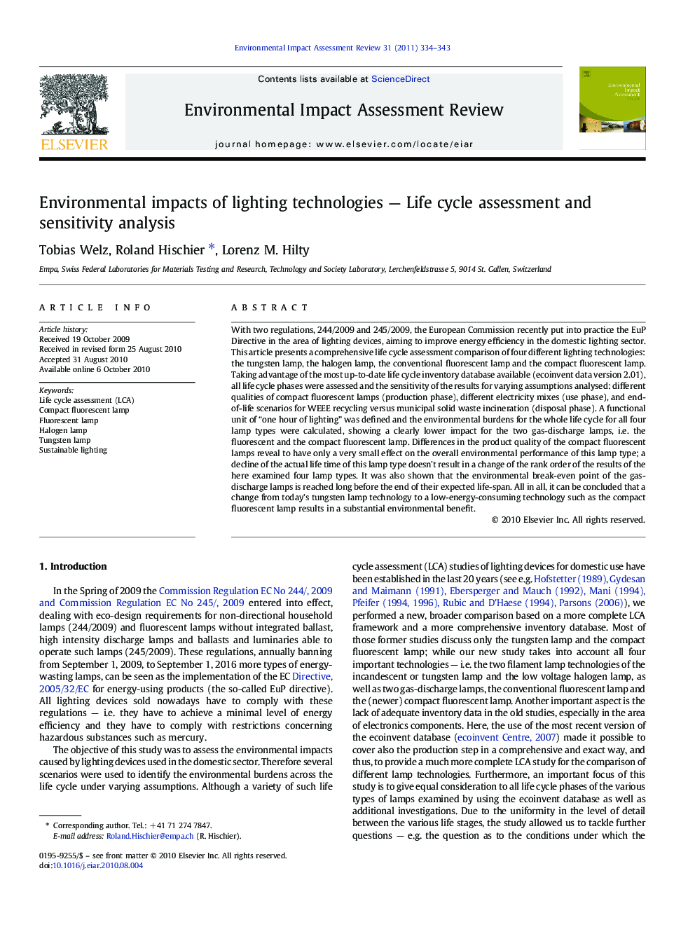 Environmental impacts of lighting technologies — Life cycle assessment and sensitivity analysis