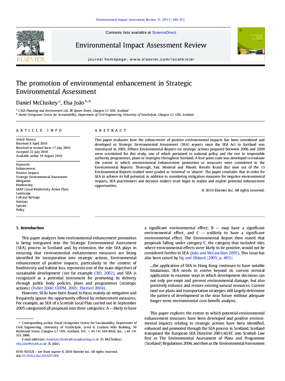 The promotion of environmental enhancement in Strategic Environmental Assessment