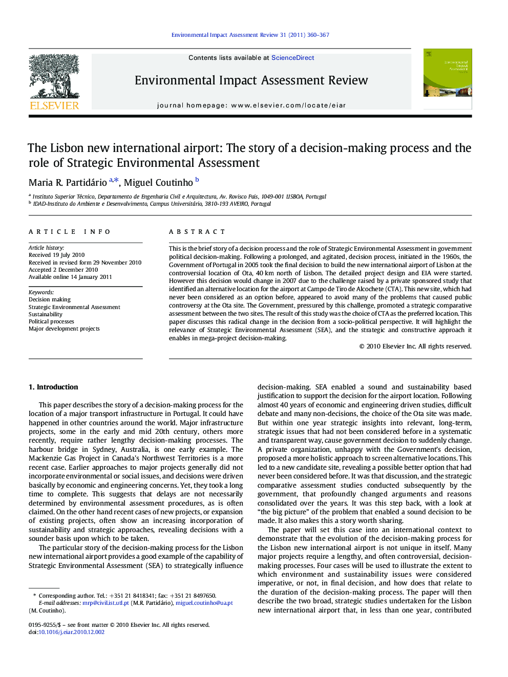 The Lisbon new international airport: The story of a decision-making process and the role of Strategic Environmental Assessment