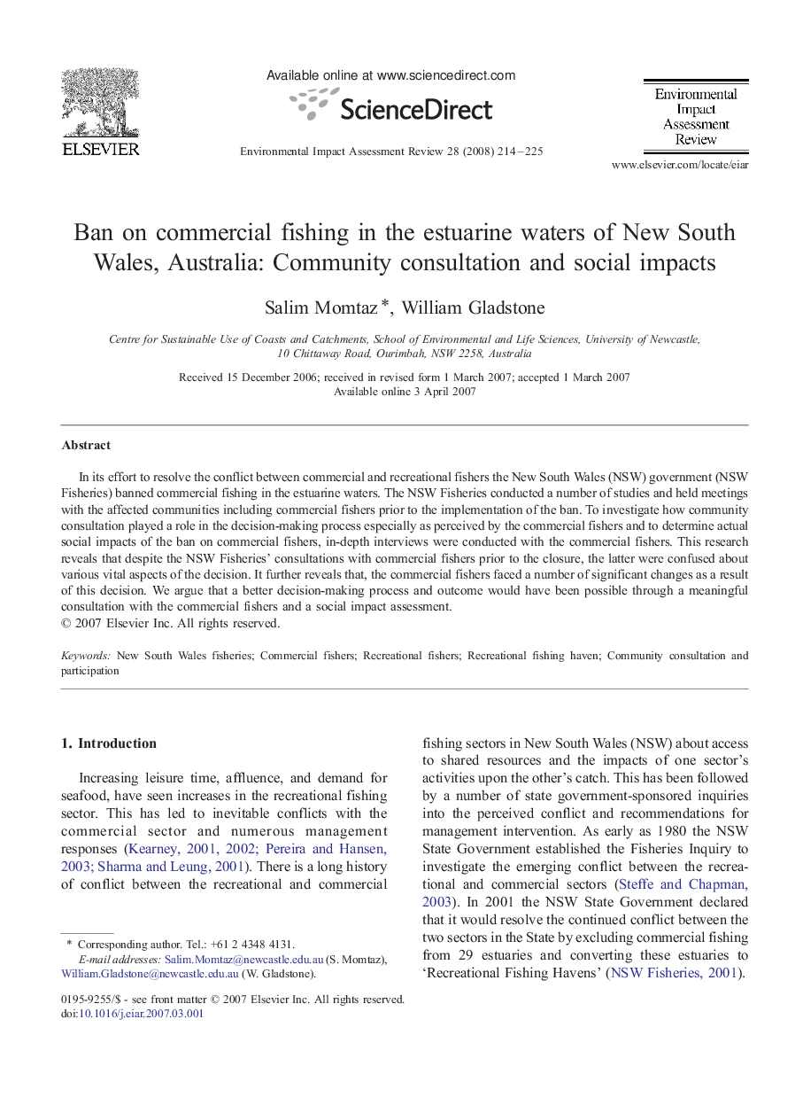 Ban on commercial fishing in the estuarine waters of New South Wales, Australia: Community consultation and social impacts