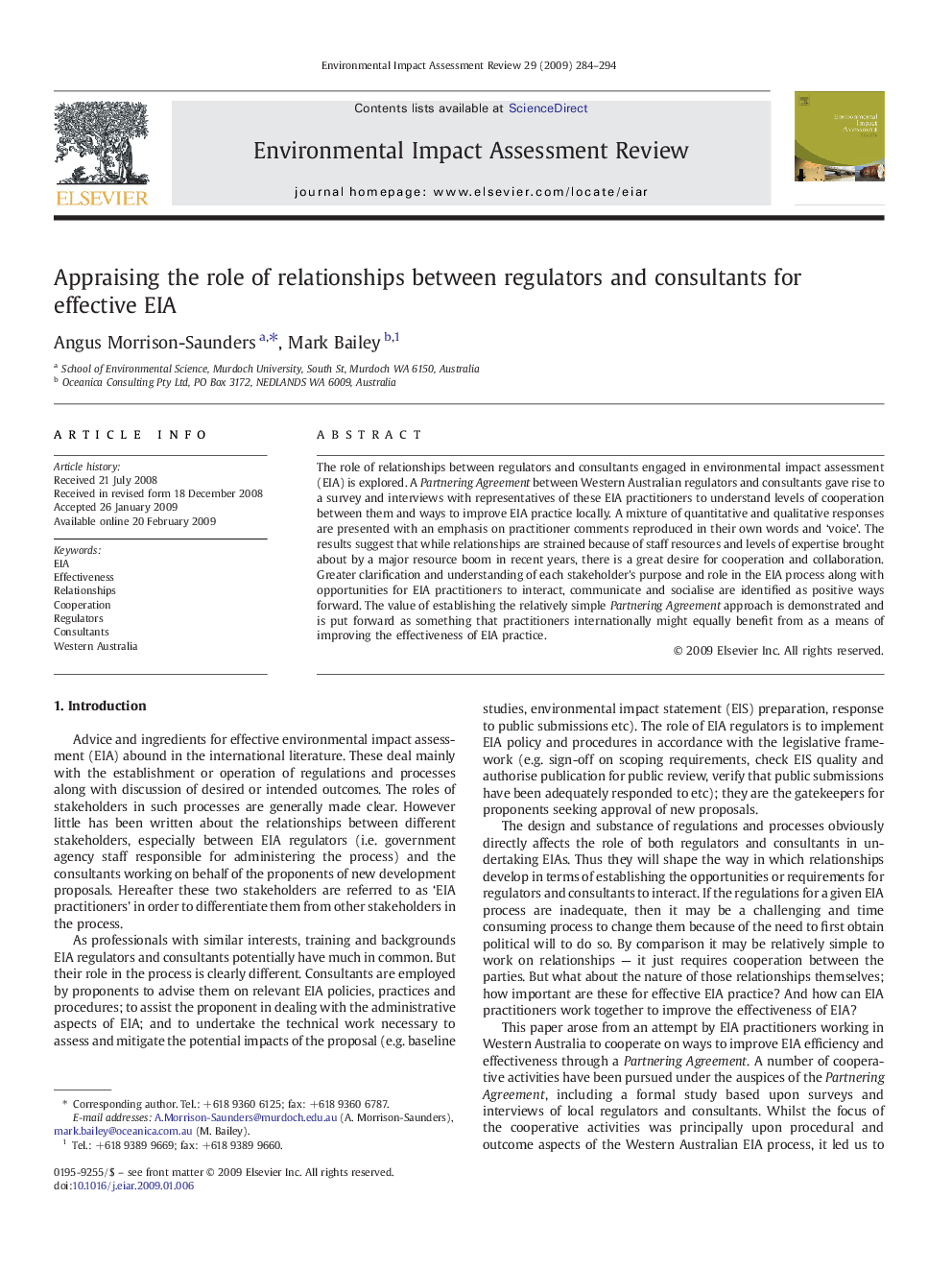 Appraising the role of relationships between regulators and consultants for effective EIA