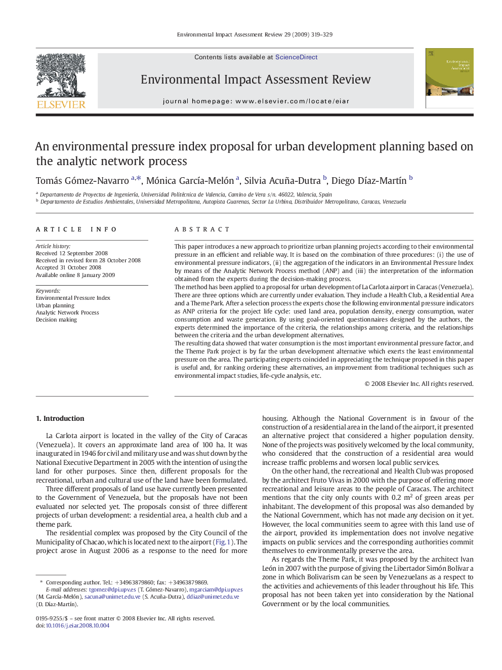 An environmental pressure index proposal for urban development planning based on the analytic network process