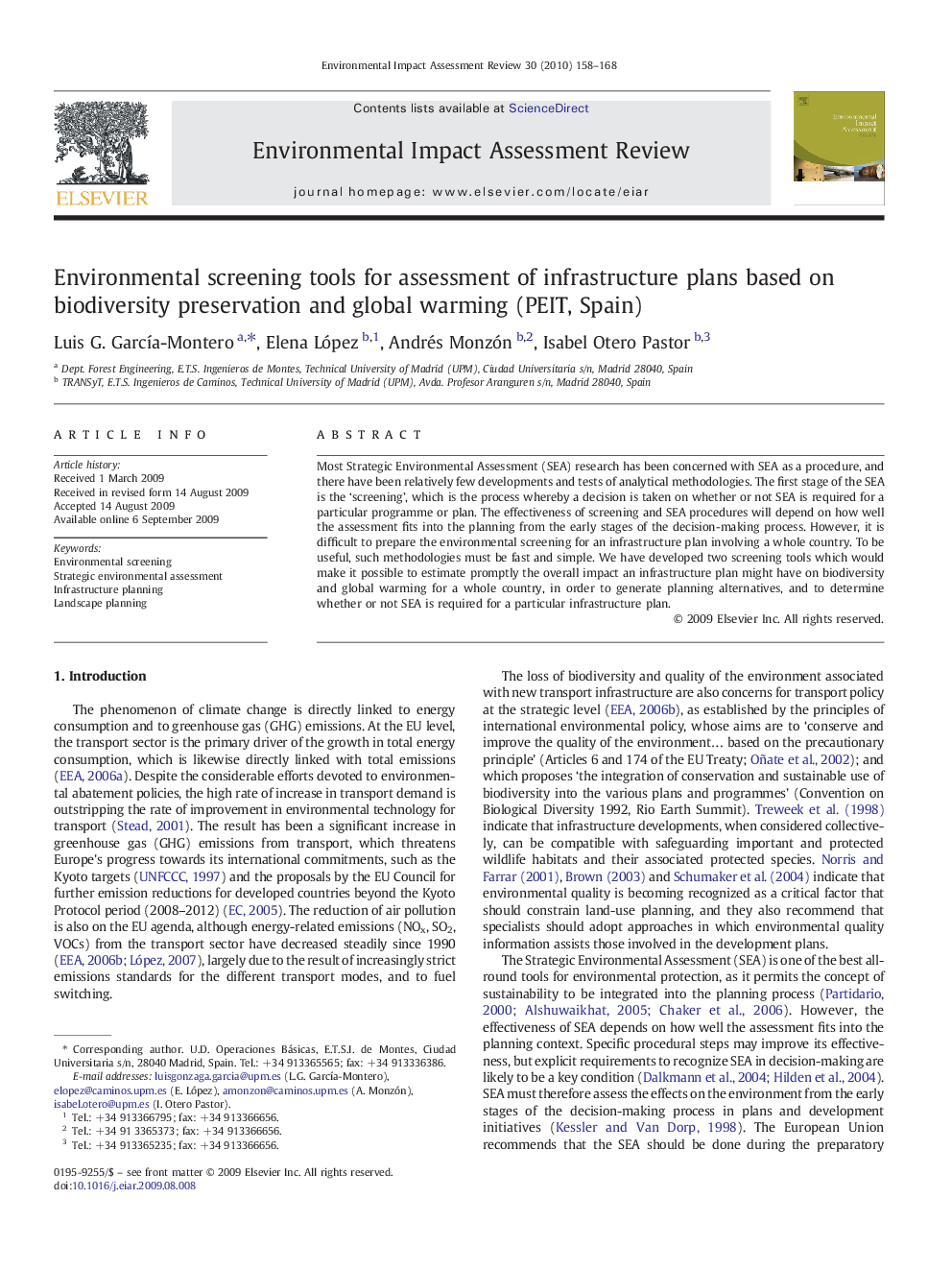 Environmental screening tools for assessment of infrastructure plans based on biodiversity preservation and global warming (PEIT, Spain)