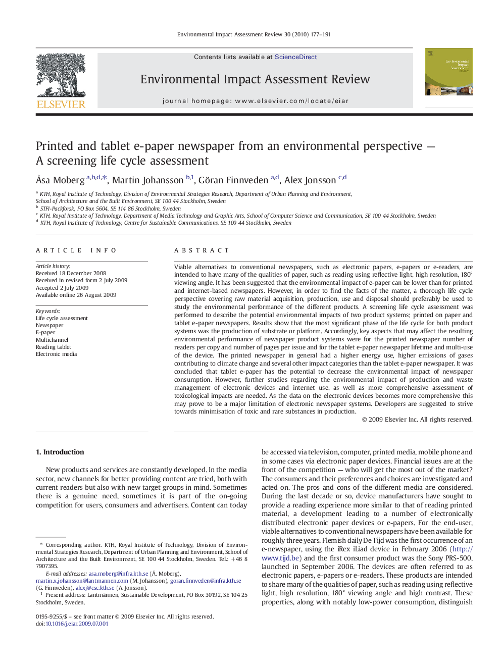 Printed and tablet e-paper newspaper from an environmental perspective — A screening life cycle assessment