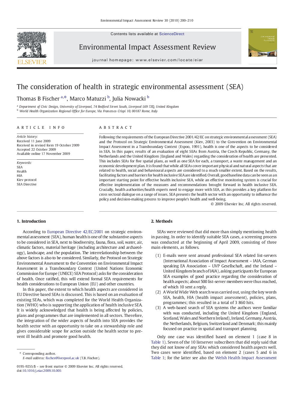 The consideration of health in strategic environmental assessment (SEA)